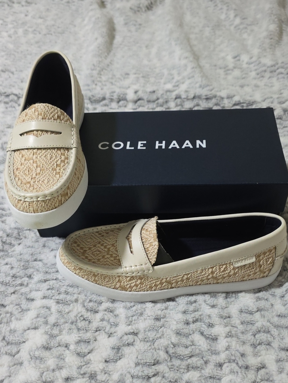 Cole Haan Beige Woven Slip-On Penny Loafers